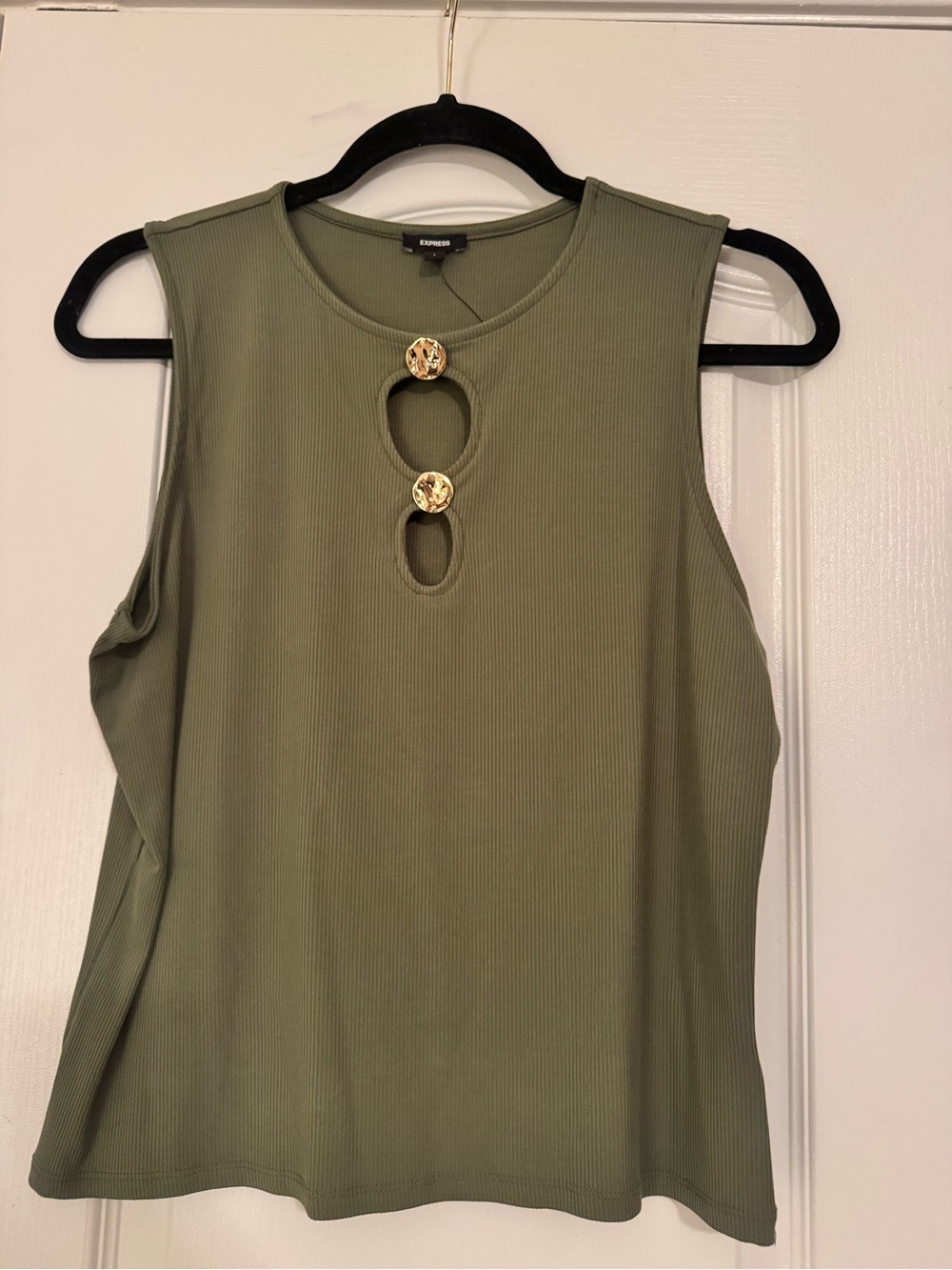 Express Olive Sleeveless Ribbed Tank with Gold Button Accents